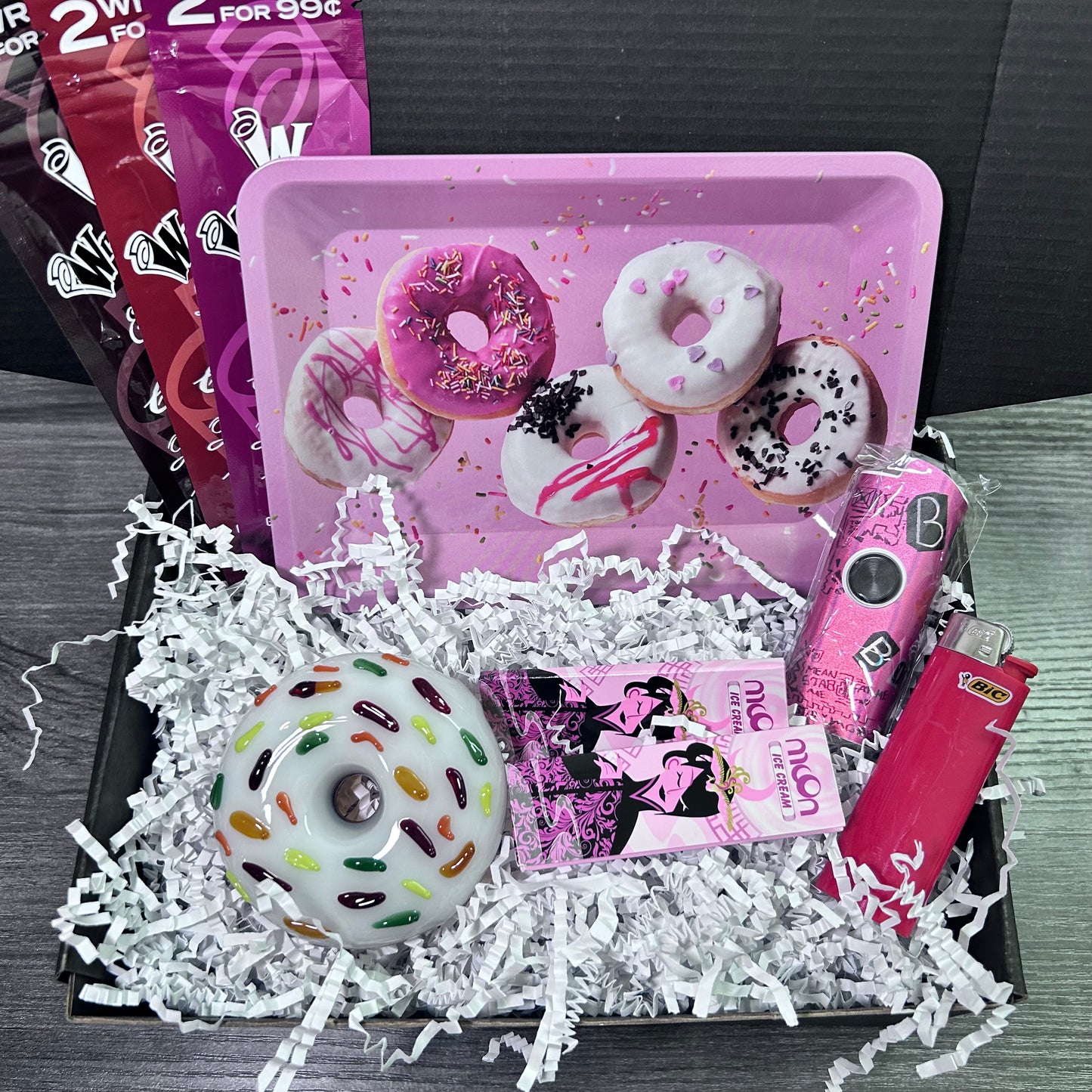 The Frosted - Donut Glass Pipe, Hemp Wraps & Rolling Papers Gift Box Set