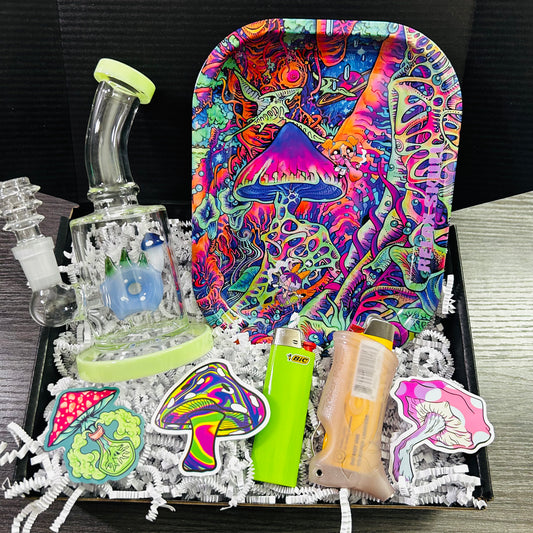 The Mushies Box- Mushroom-Themed 6" Glass Water Pipe Gift Box - Glow-in-the-Dark Toker Poker & Rolling Tray Kit