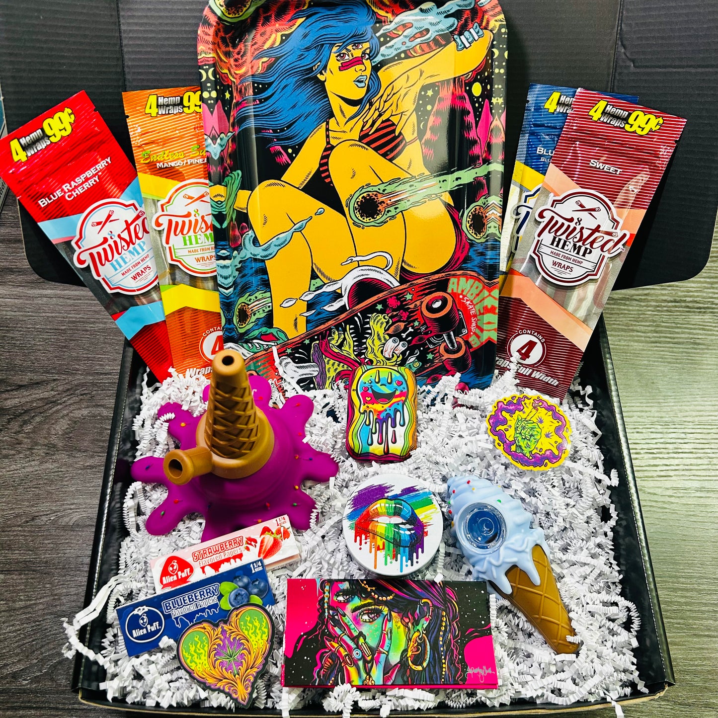 The Skater Girl Box- Silicone Water Pipe & Glass Pipe Gift Box - Hemp Wraps, Grinder & Rolling Tray Smoking Kit